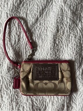 Coach Poppy Beige Signature Wristlet with Dark Brown Leather Patch and Pink Trim